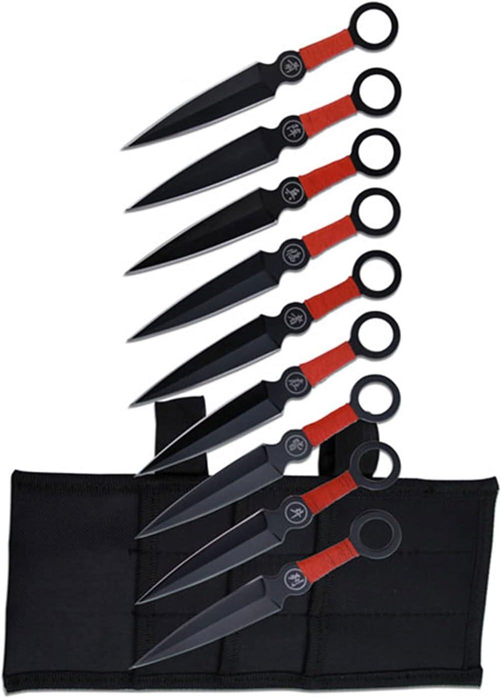 Tested vs. Compared: 9-Knife Insight—Black SS Blades, Red Handles, Sheath... Great Gift, Sporty Edge!